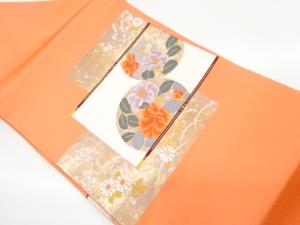 引箔四角に椿・草花模様織出し名古屋帯